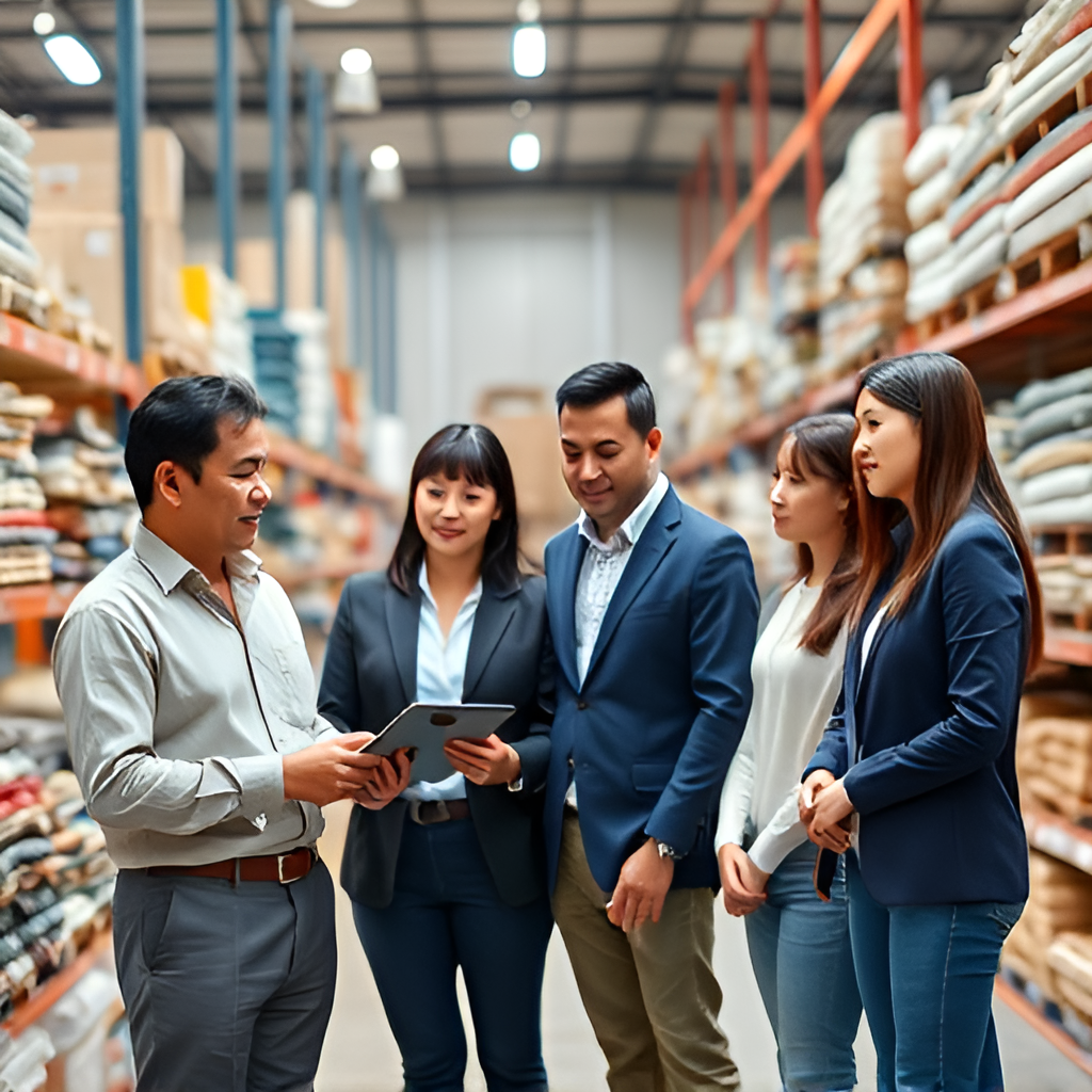 Successful entrepreneur in warehouse training 3 female and 1 mail staff