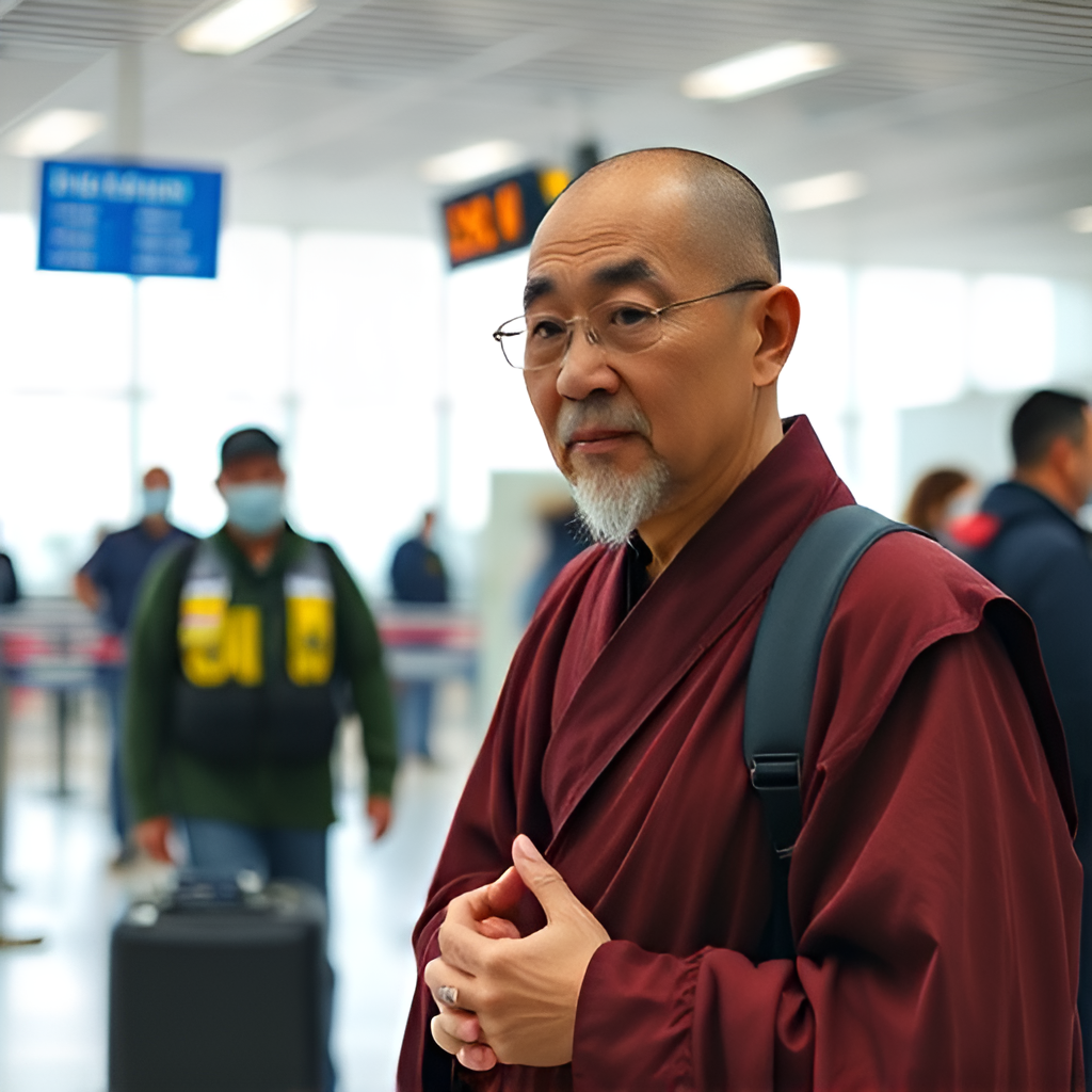 Monk at CBP airport immigration inspection