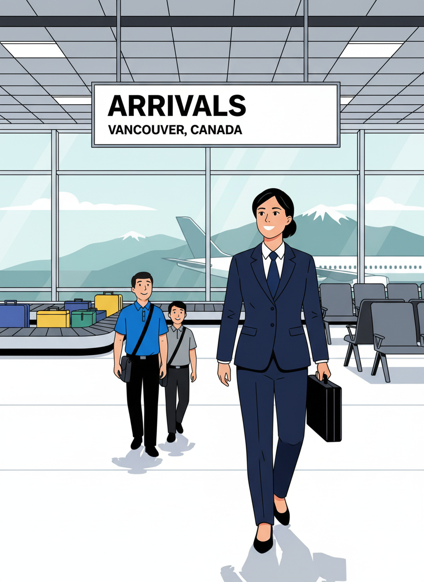 U.S. business owner and employees arriving at a Canadian international airport, representing immigration and workforce alternatives to the H-1B visa program.