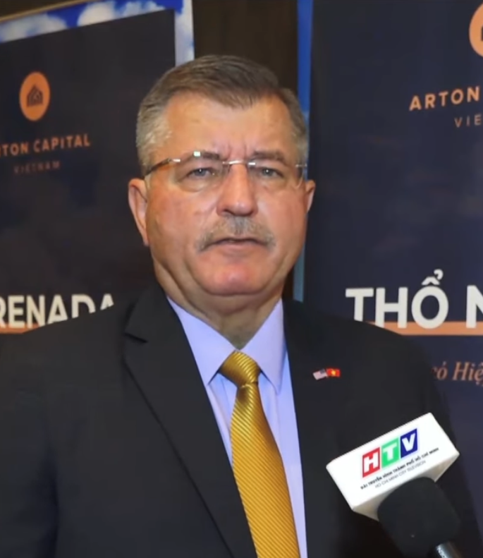 Attorney C. Matthew Schulz being interviewed at an event in Hanoi by Vietnam TV