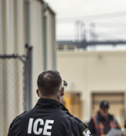 ICE agents conducting a worksite enforcement action outside a business facility while manager reviews employee records.