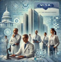 A diverse group of STEM professionals, including a scientist, an AI researcher, and a biotech entrepreneur, standing in front of a USCIS building with a futuristic digital cityscape, symbolizing high-skilled immigration under the O-1A visa