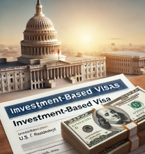 U.S. Capitol with a visa application and dollar bills representing Trump's Gold Card Visa.