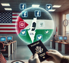 A U.S. immigration officer in a modern consulate office reviewing a foreign passport, with a digital screen behind them displaying floating social media icons (Facebook, Twitter, Instagram) and a translucent map of the Gaza Strip. The office has a U.S. flag and a seal resembling the State Department emblem. The tone is serious and professional, symbolizing visa vetting and digital surveillance policies.