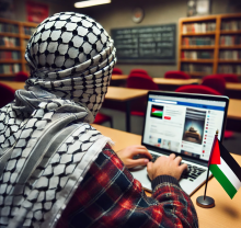 Illustration of student wearing Palestinian keffiyeh scarf posting antisemitic content on social media