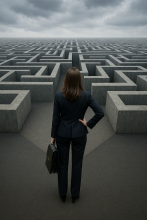 Businesswoman standing at the entrance of a complex maze, symbolizing the strategic decisions and regulatory challenges U.S. employers face under H-1B visa policy changes.