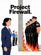 Graphic illustration showing DOL enforcement officers behind a firewall wall facing a U.S. employer and workers, representing Project Firewall H-1B enforcement.