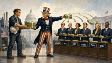 A hardworking company representative gives money to Uncle Sam, who distributes it among bureaucrats labeled USCIS, ICE, CBP, EOIR, DOS and DOL.