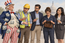 Uncle Sam, pockets overflowing with $100 bills, holds out his palm to four worried industry managers, including a female executive looking into an empty purse.