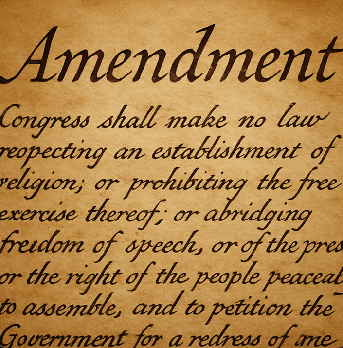 Close-up of the U.S. Constitution highlighting the First Amendment, protecting freedom of speech, religion, press, and assembly.