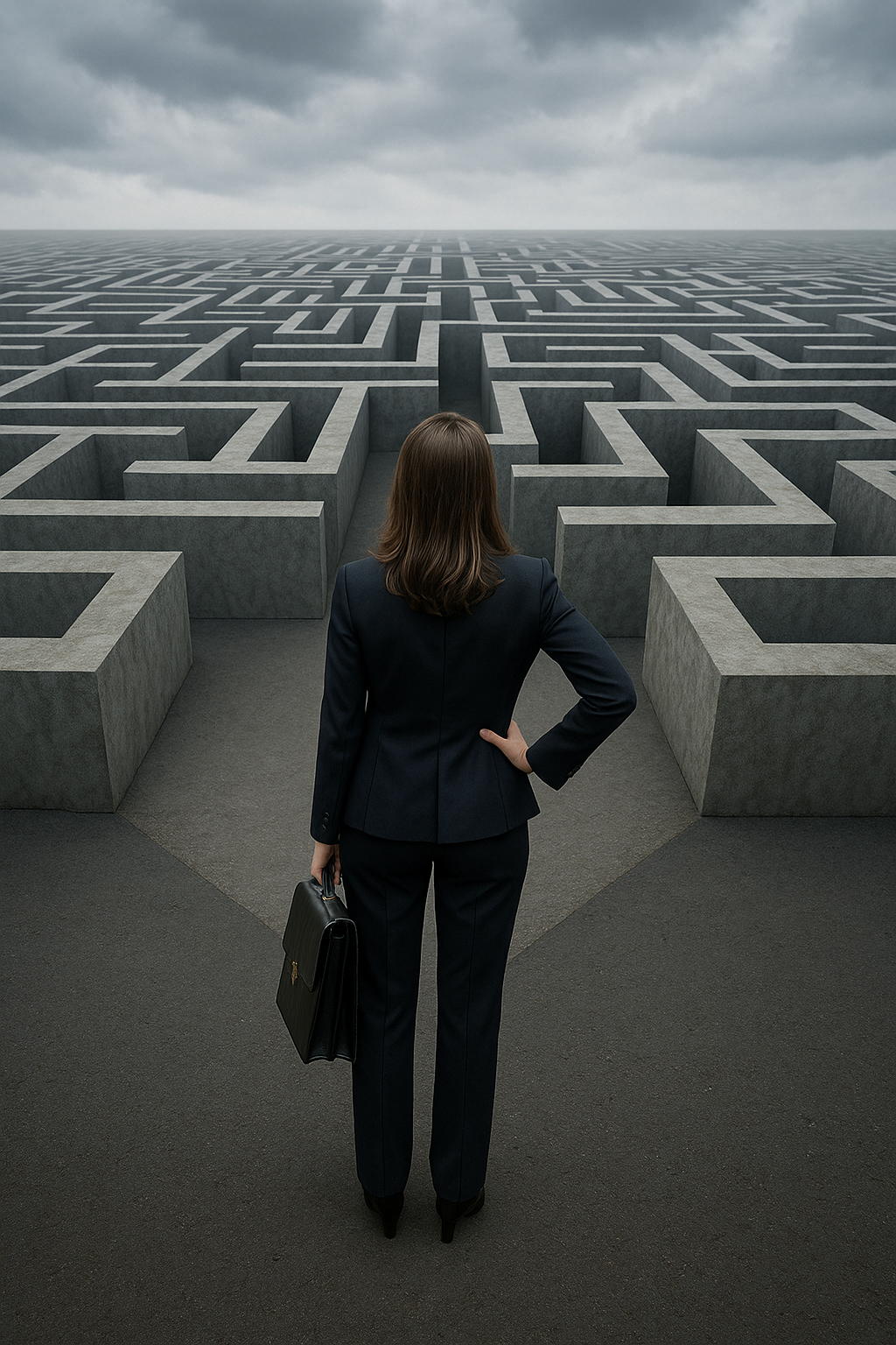 Businesswoman standing at the entrance of a complex maze, symbolizing the strategic decisions and regulatory challenges U.S. employers face under H-1B visa policy changes.