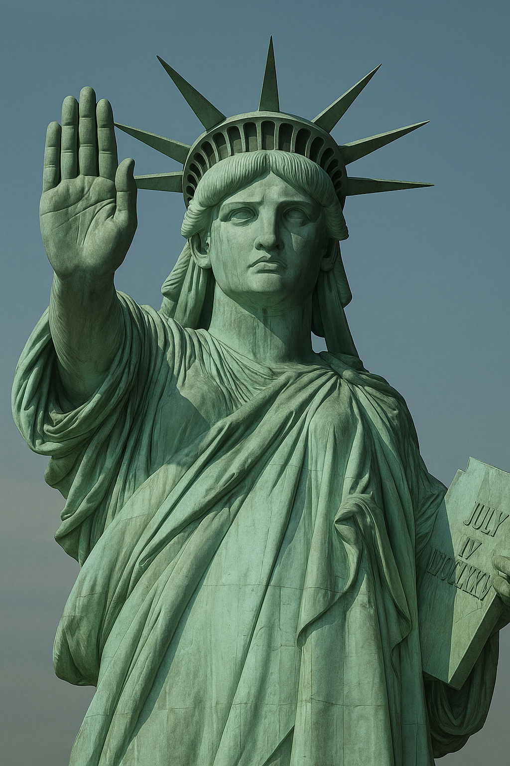 Statue of Liberty raising a hand in a stop gesture, symbolizing a less welcoming United States with stricter immigration travel bans and limits on dual citizenship in 2025.