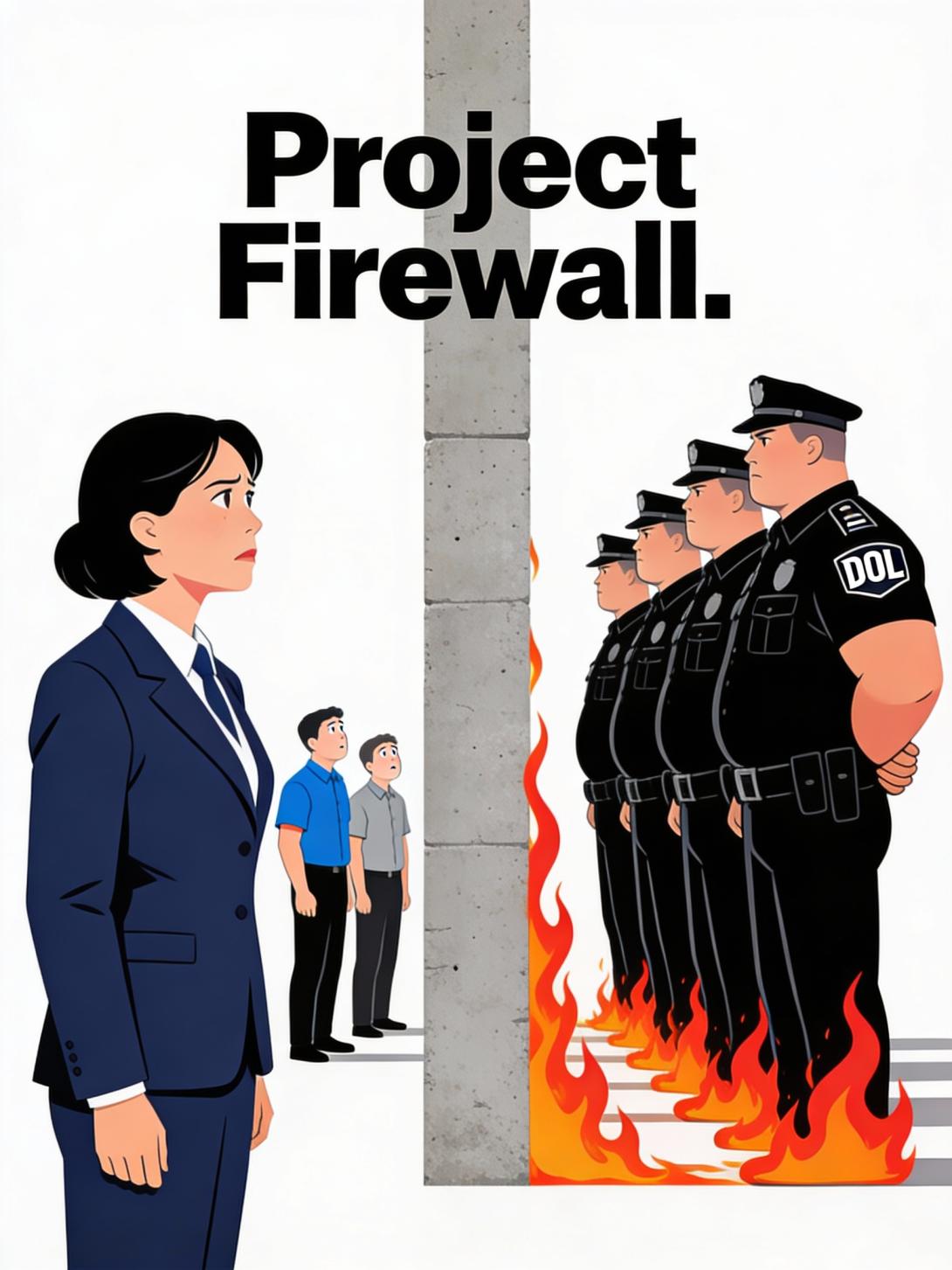 Graphic illustration showing DOL enforcement officers behind a firewall wall facing a U.S. employer and workers, representing Project Firewall H-1B enforcement.