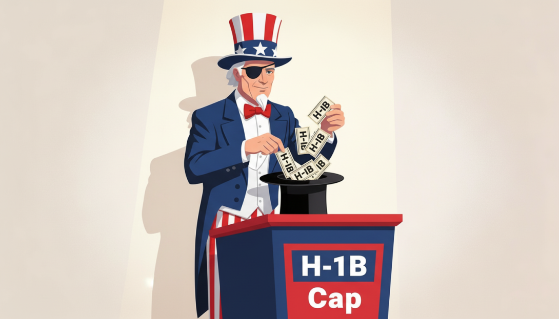 Illustration of Uncle Sam pulling H-1B visas from a magician’s hat representing the H-1B cap lottery.