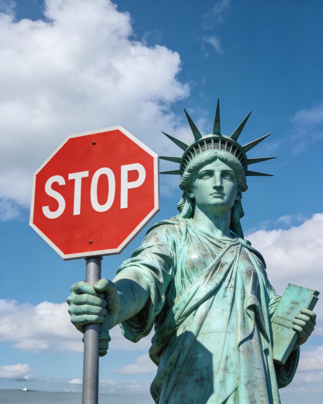 Statue of Liberty showing a stop sign instead of a torch